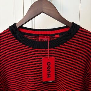 HUGO Red and Black Cotton Crewneck Sweater